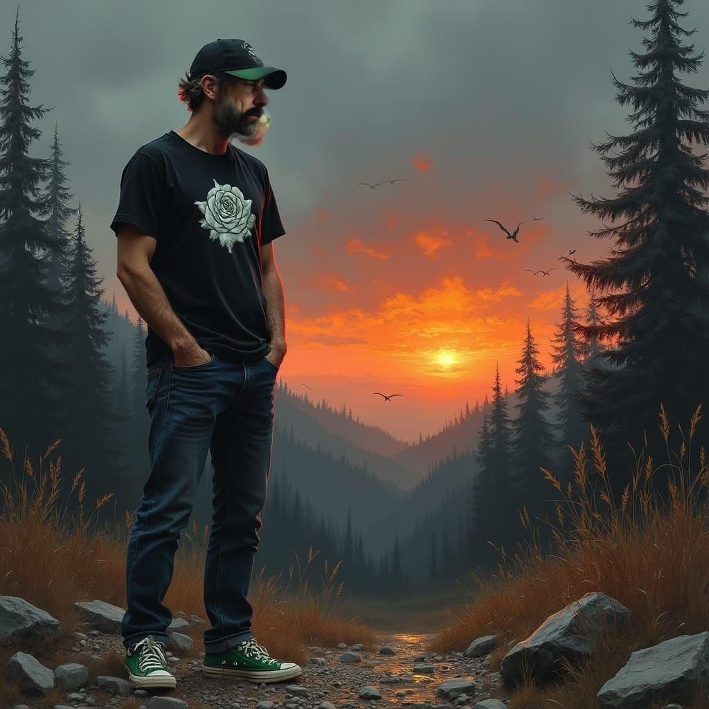 Man Watches Sunset in Gloomy Forest