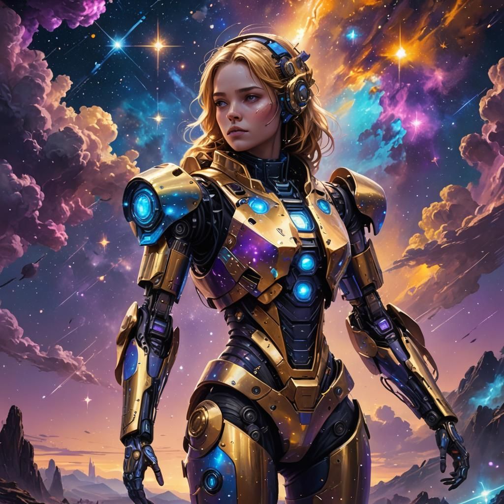 Celestial Girl in Starry Robot Suit: Fantasy Art