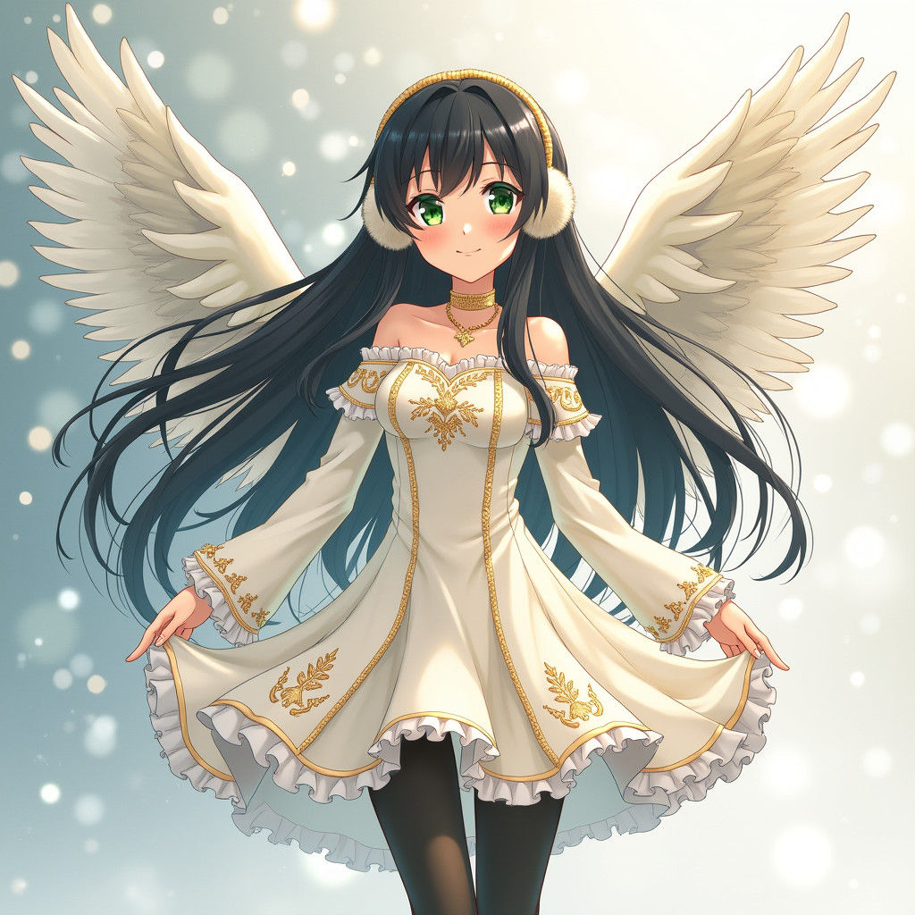 Anime Girl with Angel Wings in Pastel Winter Scene