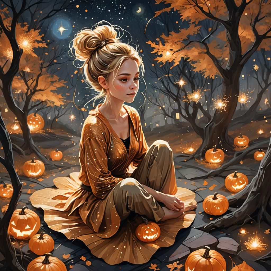 Fairy in Pumpkin Garb Watching Starlight, Digital Art