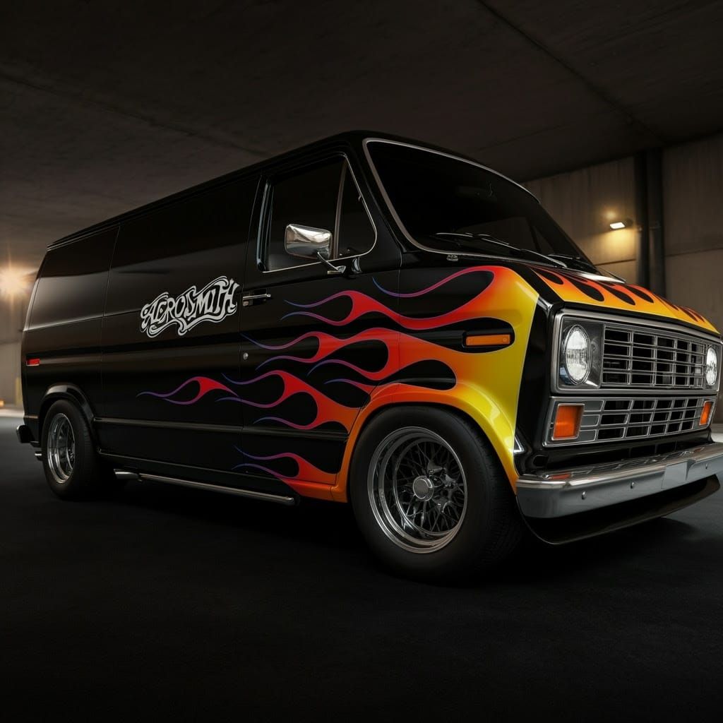 Vintage Rock 'n' Roll Ford Van with Retro Flames