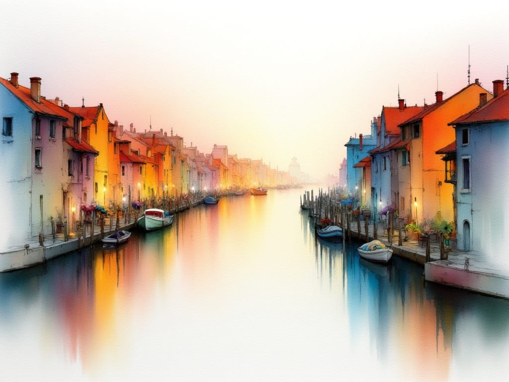 Dreamlike Canal City Sunset Watercolor