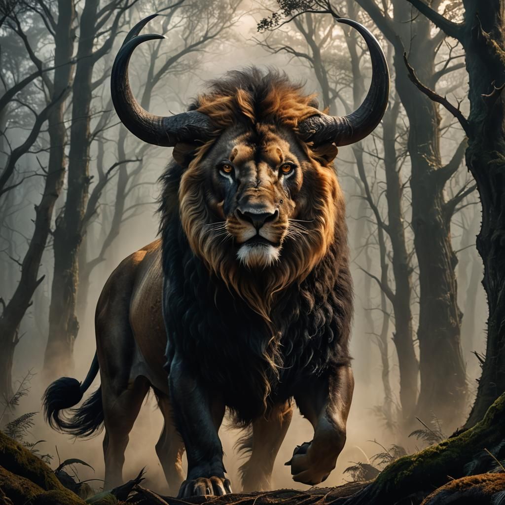 Buffalo-Lion Hybrid in Dark Fantasy Matte Painting