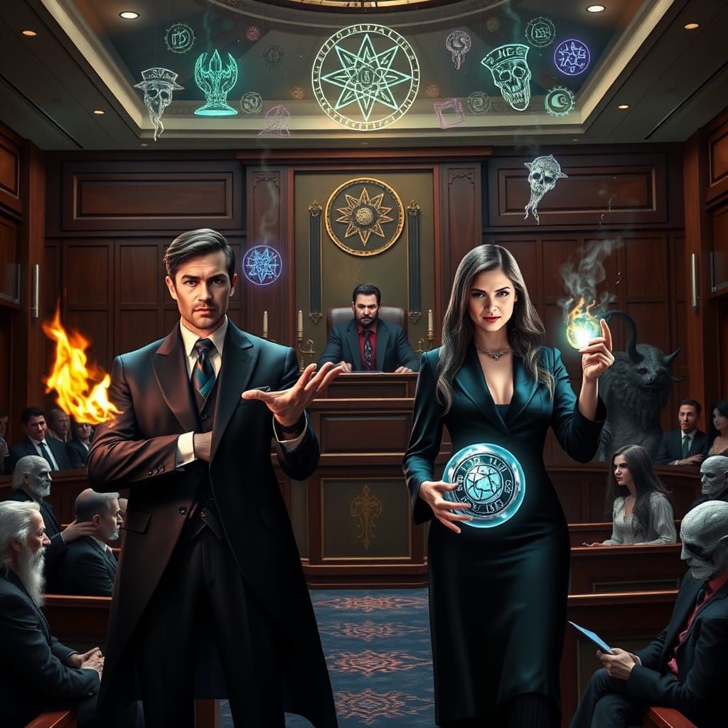 Supernatural Trial: Warlock and Witch in Magical Courtroom