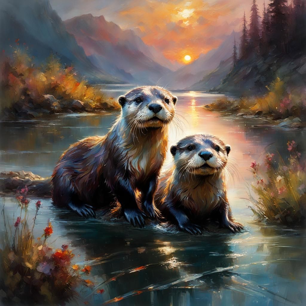Playful Otters in Mountain Lake Sunset Painting