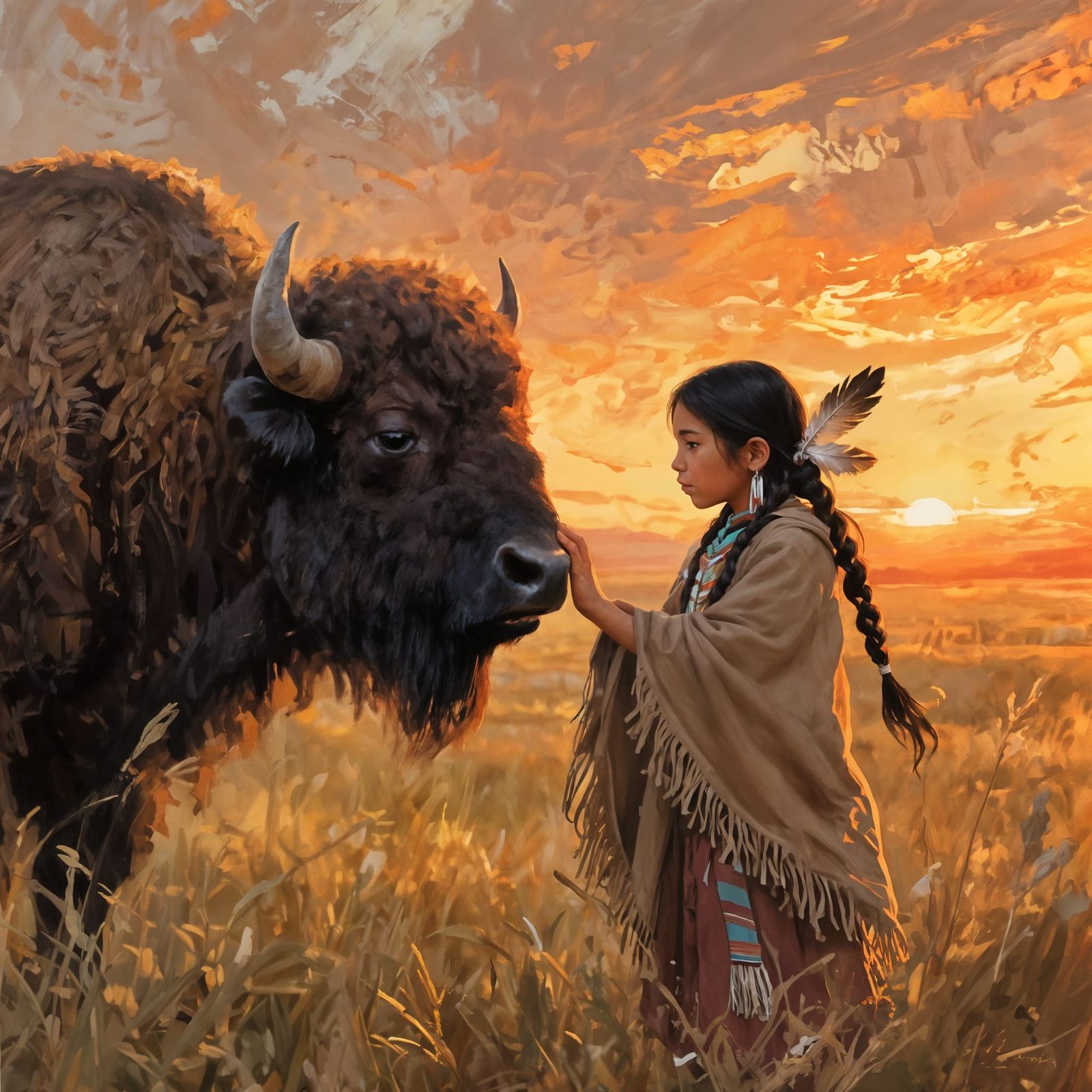 Native American Girl and Bison in Ethereal Sunset