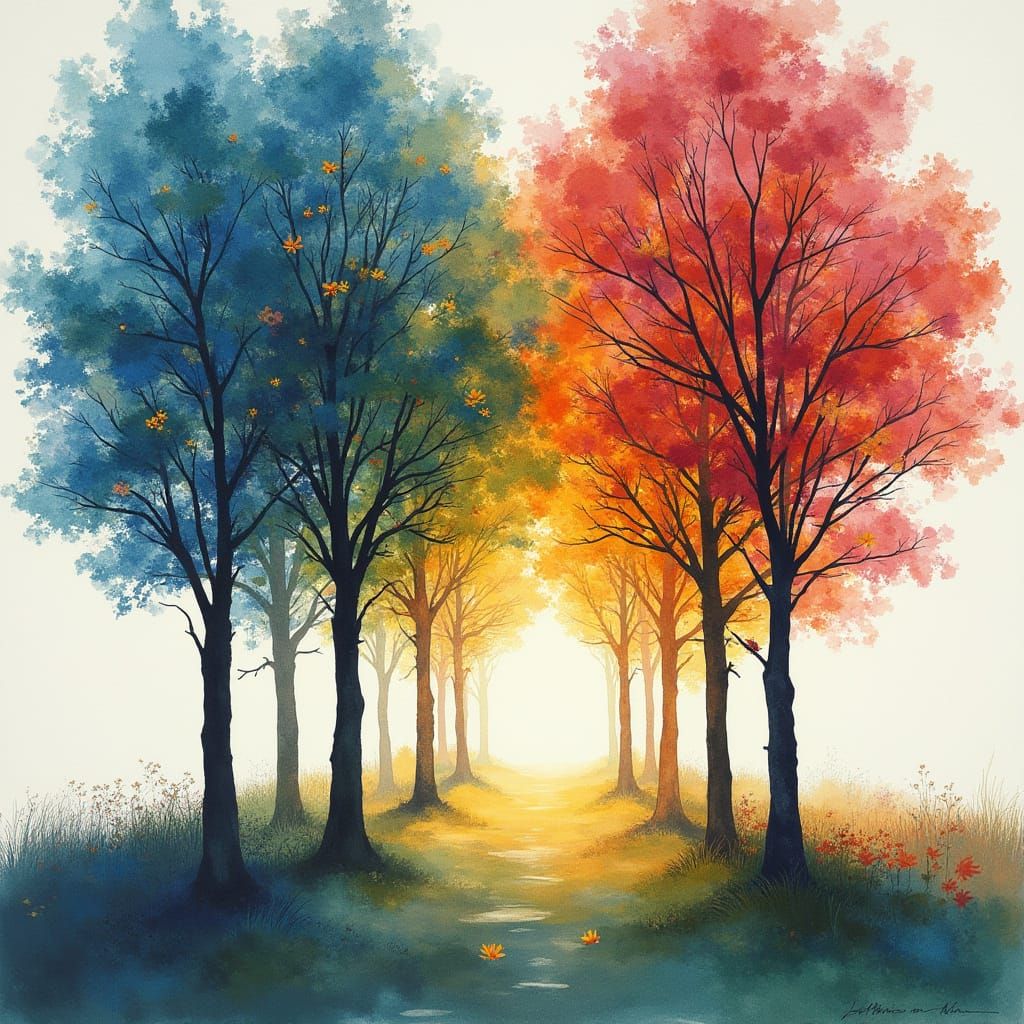 Double Exposure Trees with Blooming Garden in Watercolor Sty...