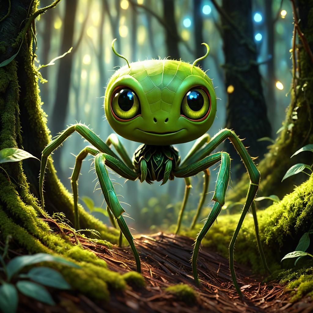 Adorable Bowtruckle Spider in Magical Forest