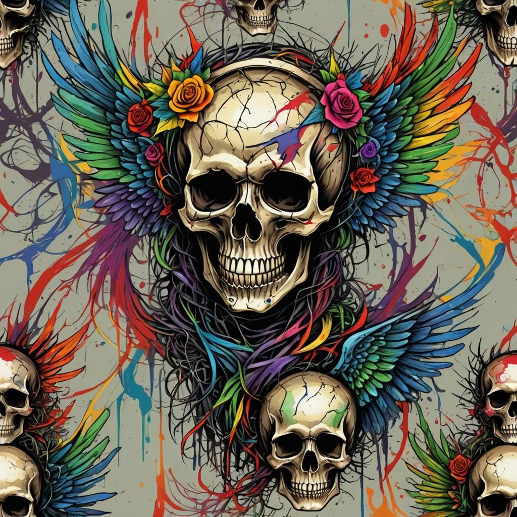 Rainbow Skull with Angel Wings Abstract Art