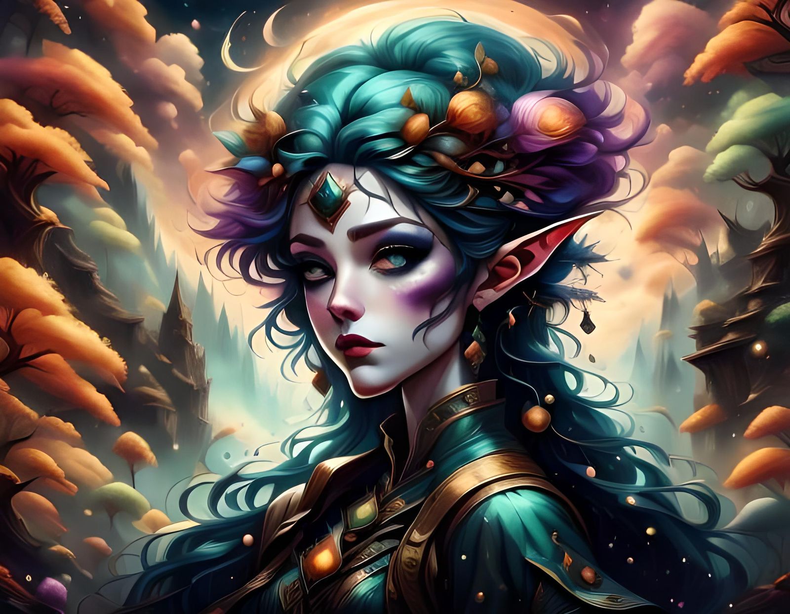 Cyberpunk Elf Sorceress in Watercolor Portrait