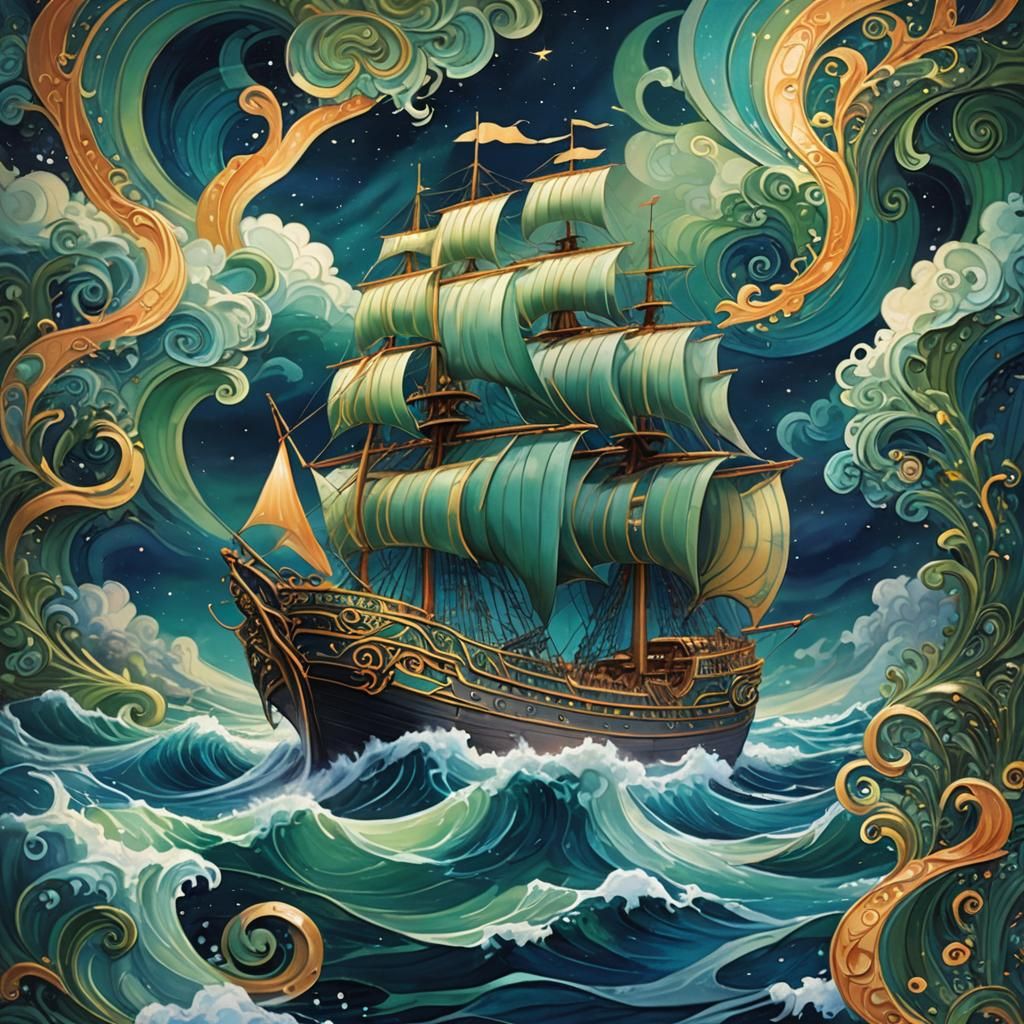 Ship with Swirling Mural in Art Nouveau Style