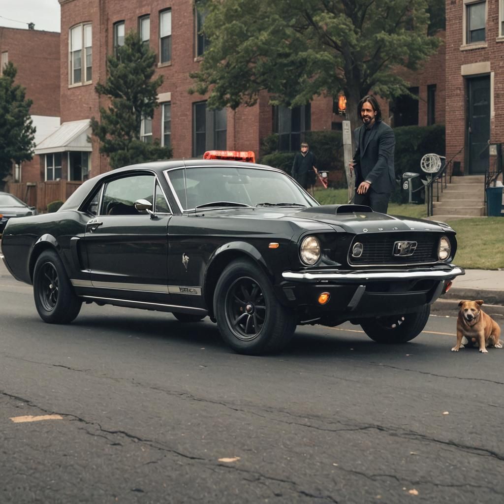 John Wick Driving a Mustang With His Dog