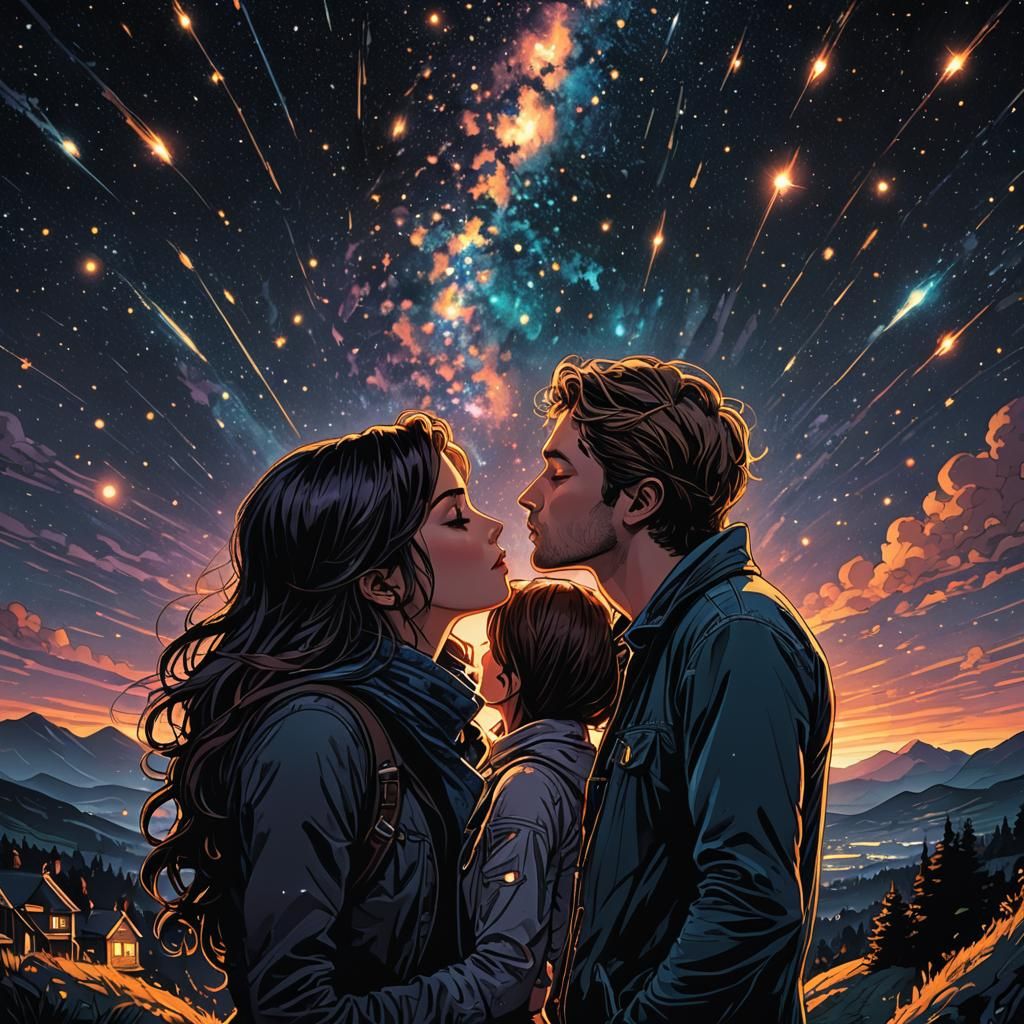 by Dan Mumford. Couples kissing on night skies filled with t...