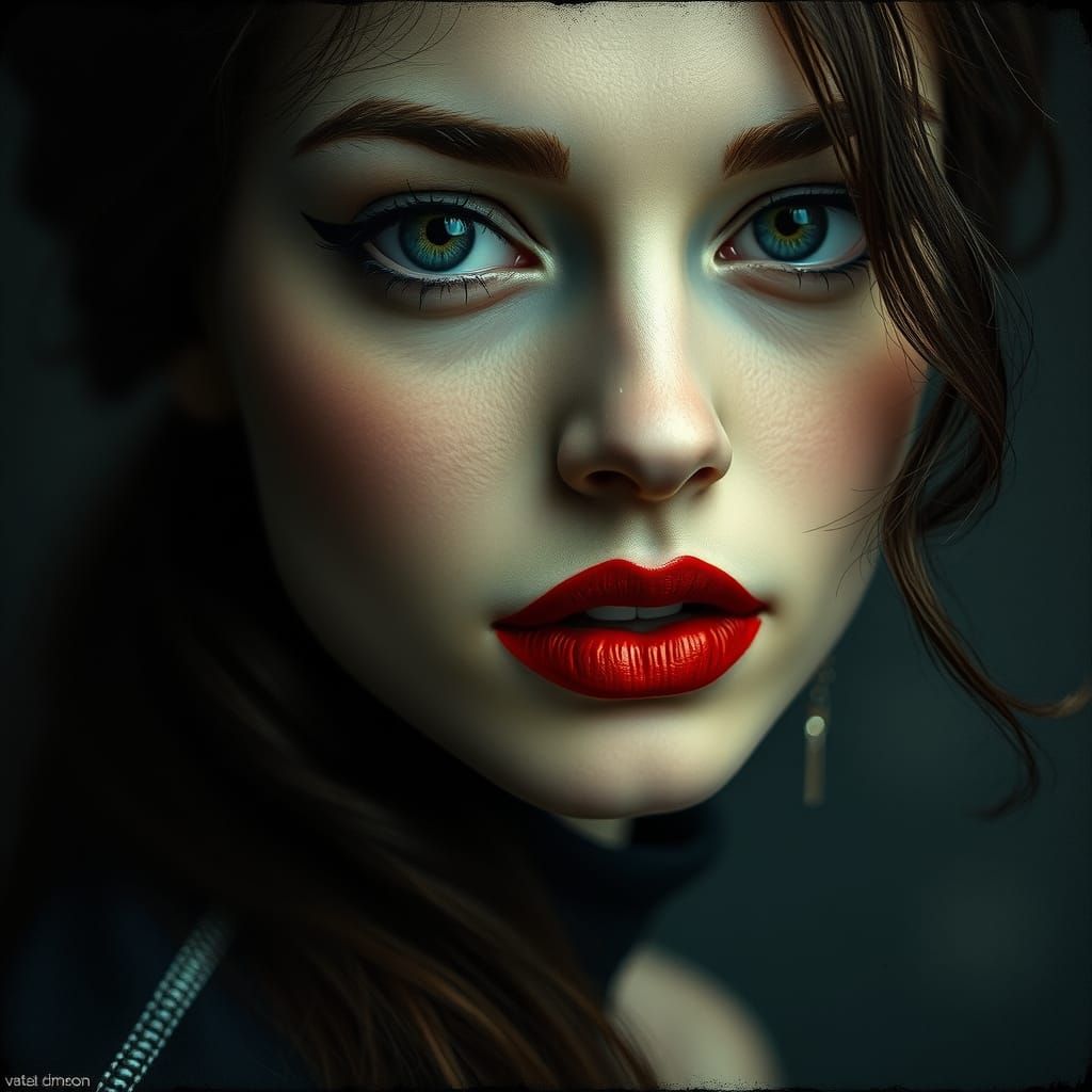 Antique Grunge Portrait of Woman with Red Lips