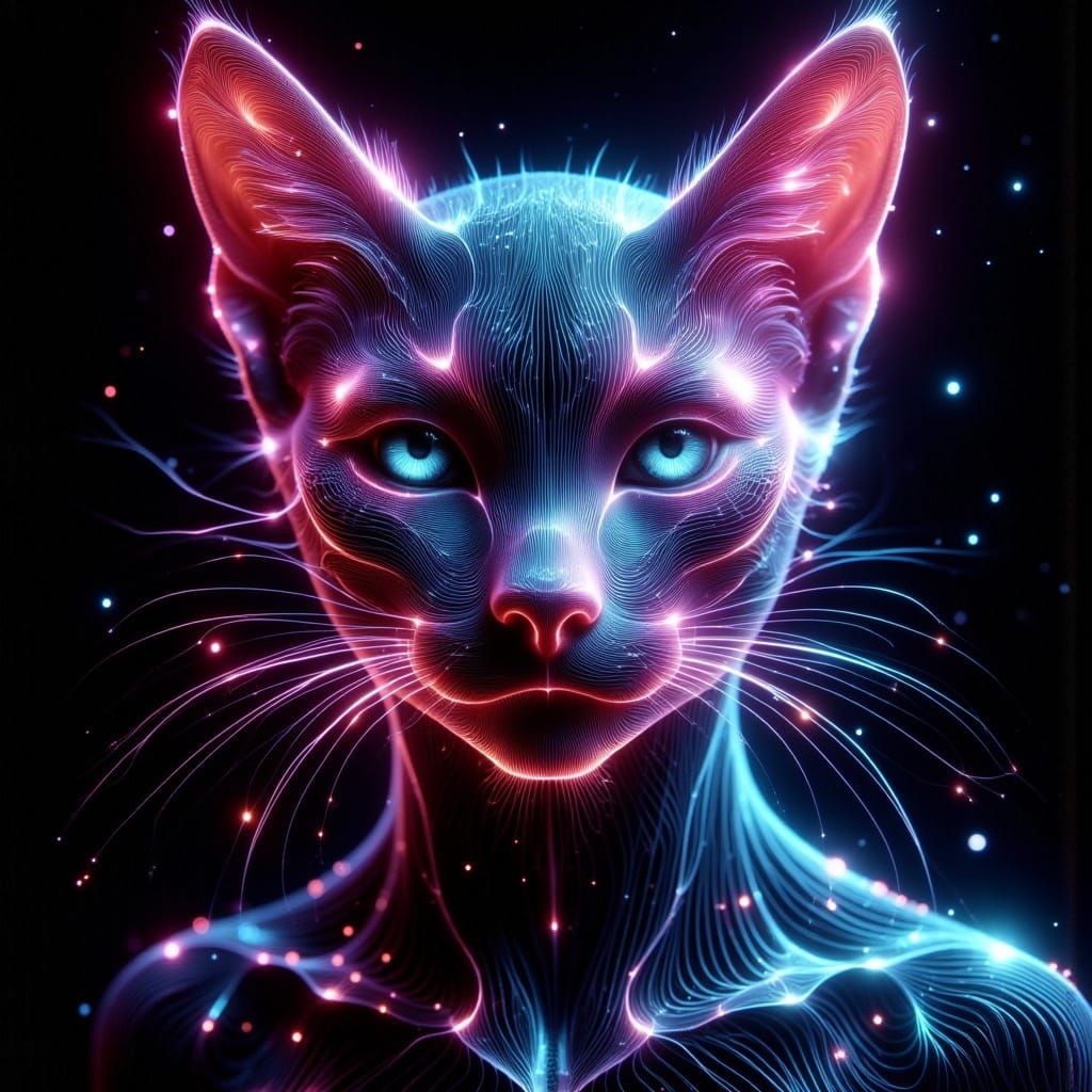 Neon Spectral Cat with Crystalline Veins
