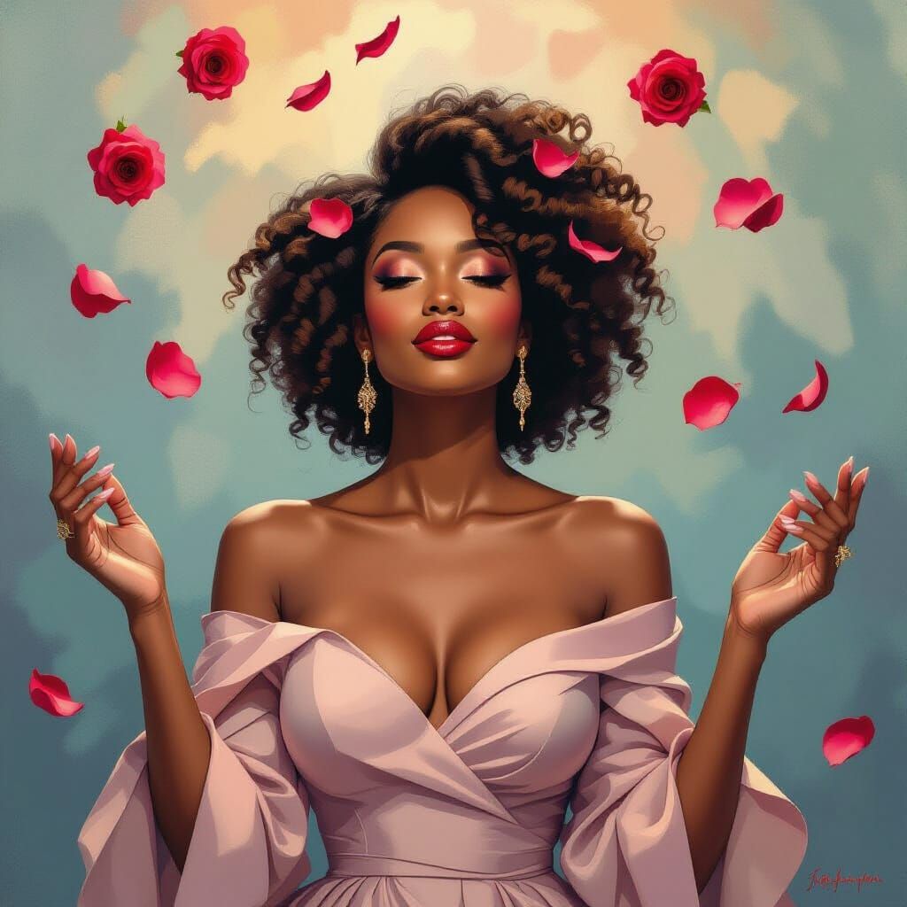 Elegant Woman Amidst Falling Roses, Symbolizing Freedom