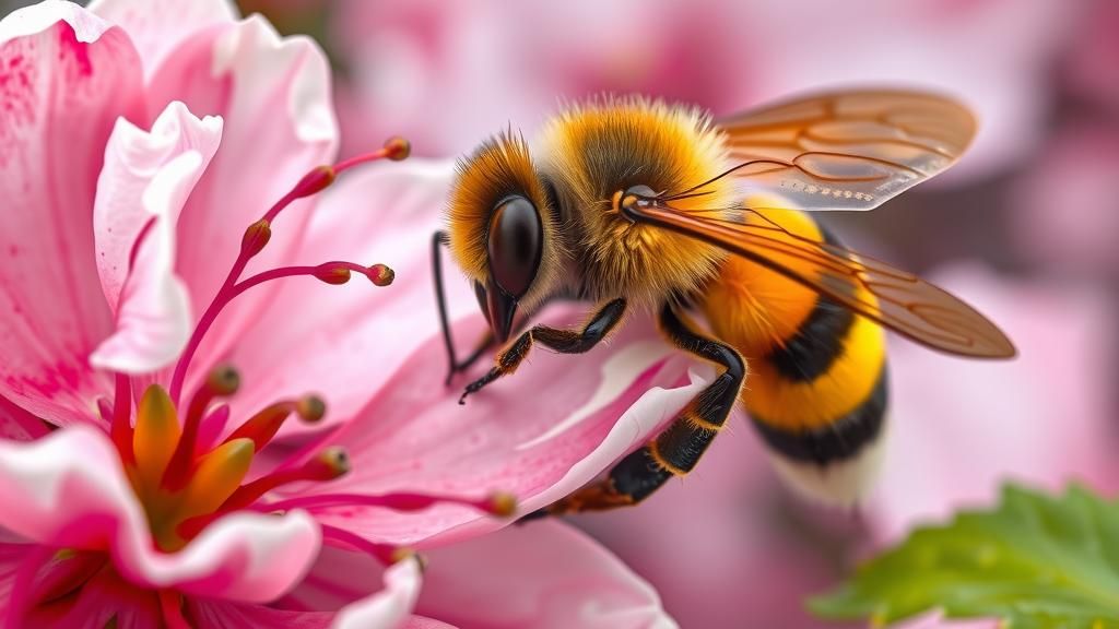 Bee Sawing Cherry Blossom Petal in Macro Photography Style