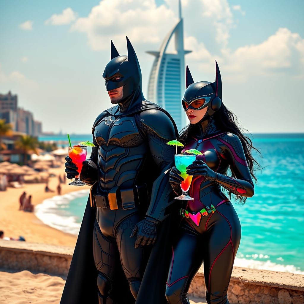 Dark Knight Batman and Heroic Batsuit Girl on Dubai Beach