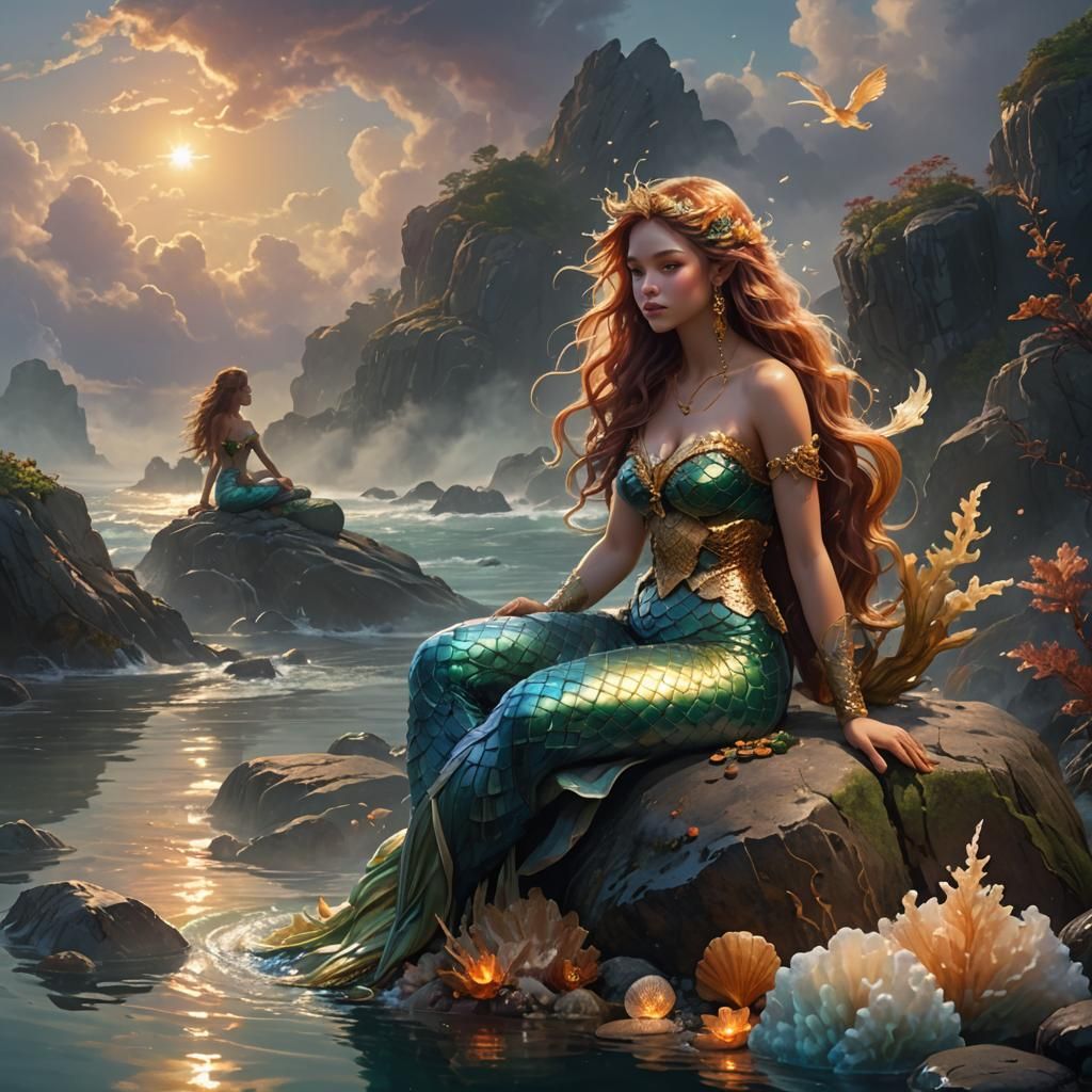 Grounded Mermaid in Mystical Cloudscape: Fantasy Art