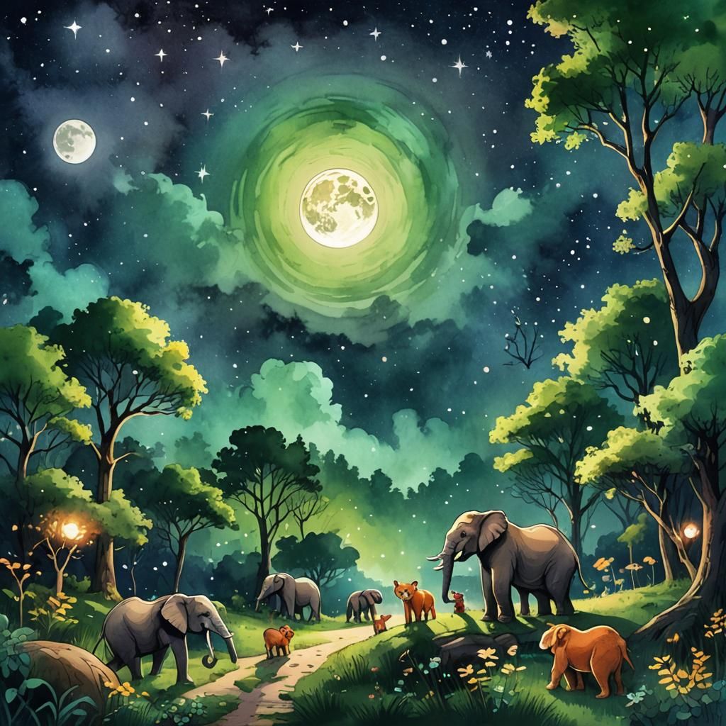 Animated Animals Silhouetted Under a Starry Moon