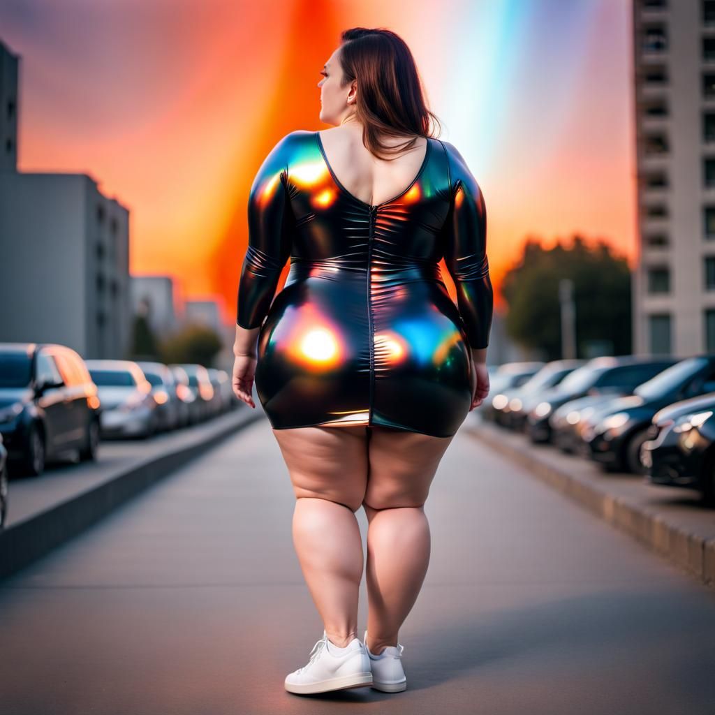 Woman in Iridescent Dress with Orange Aura
