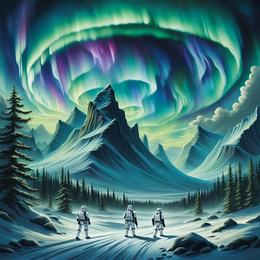 The Northern Lights illuminate a rotating weather system, a ...