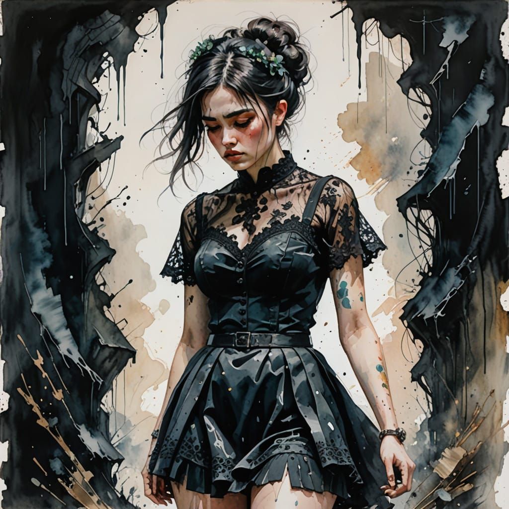 Goth Girl Ensnared by Dark Wave in Vibrant Watercolor