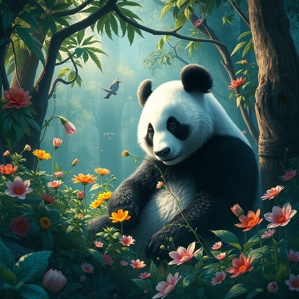 A Panda in a Serene Fantasy Forest Landscape