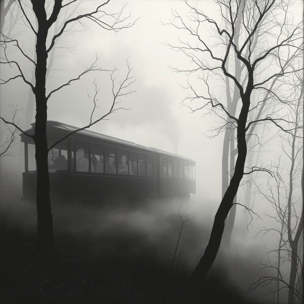 Ethereal Ghost Train in Misty Forest, Engraving Style