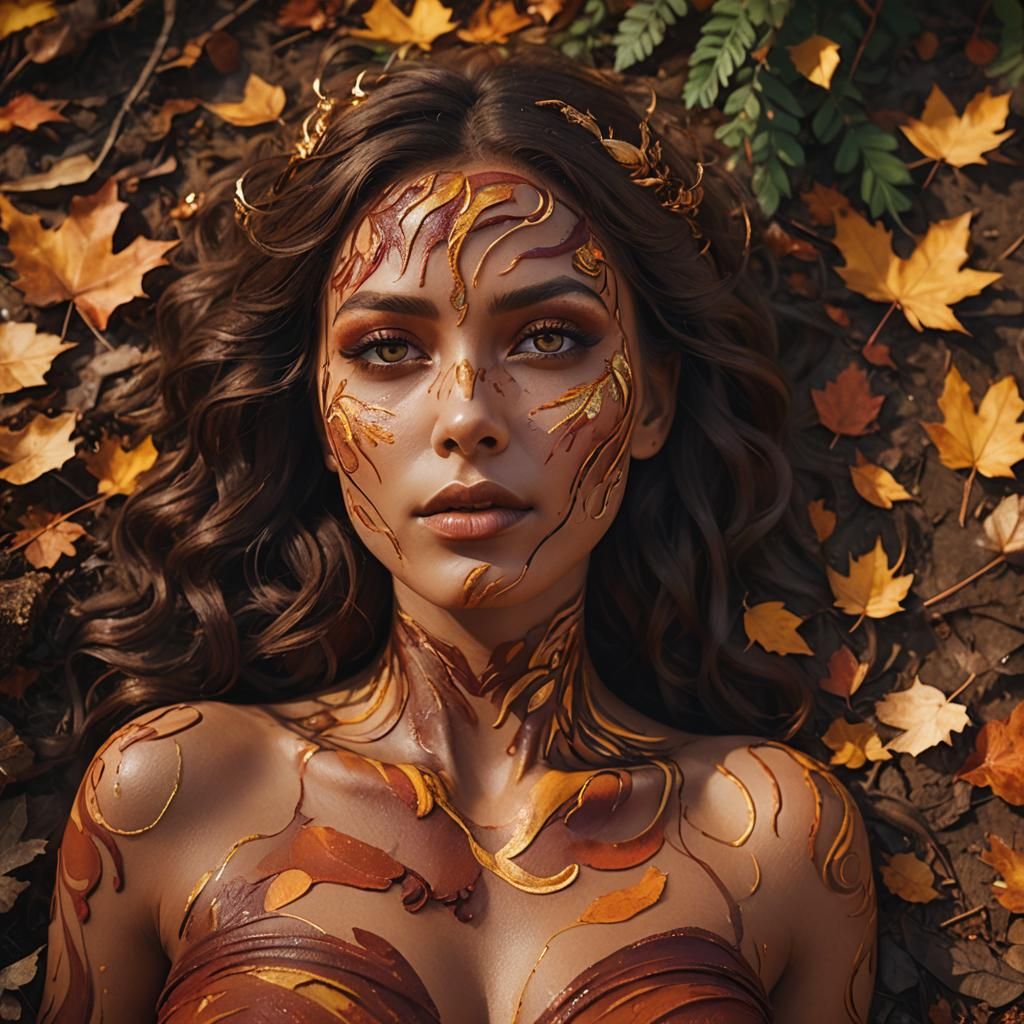 Body Painted with Autumn Colors in Forest