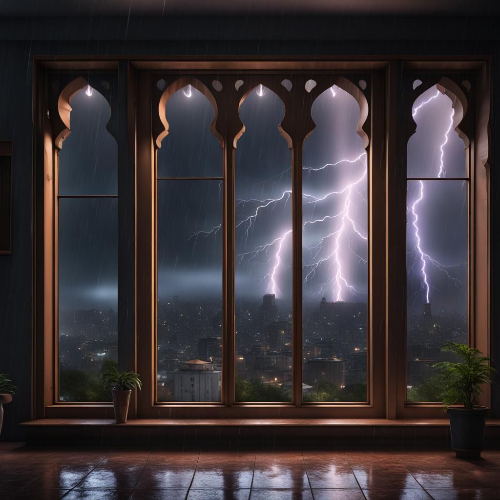 Mosque Window View: Hyperrealistic Thunderstorm at Night