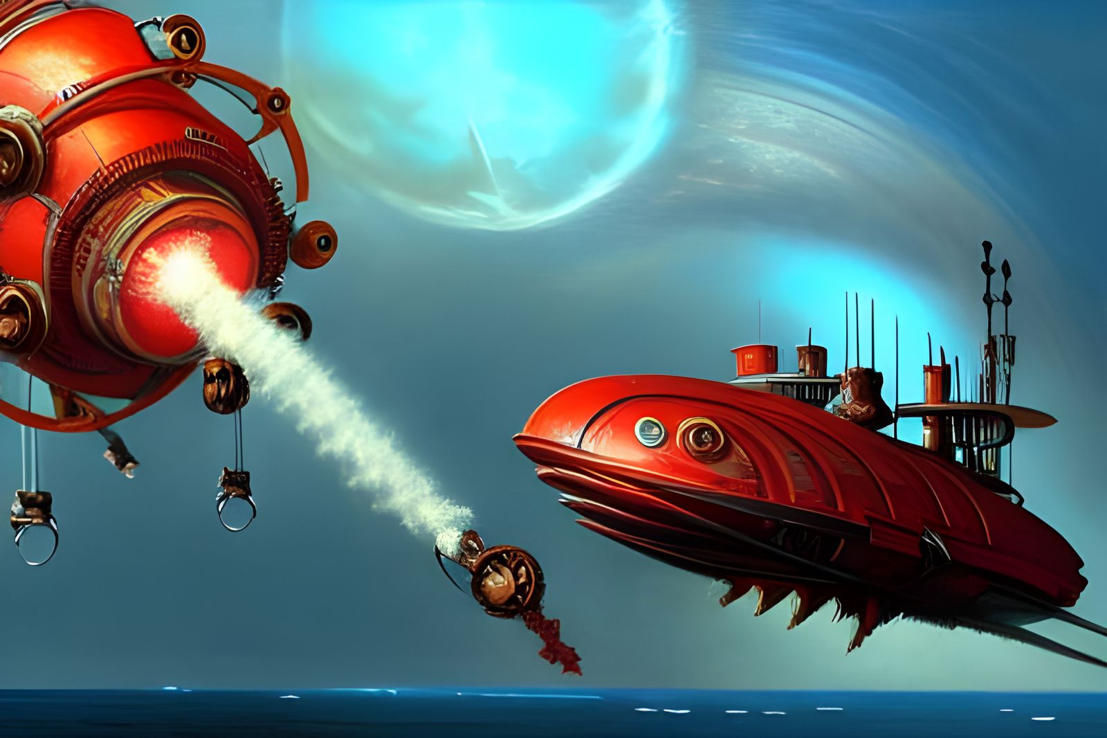 Steampunk Spaceship Confronts Sea Creature in Retrofuturisti...