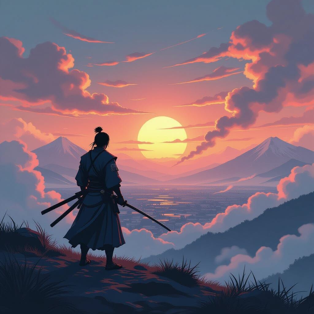 Samurai on Battlefield in Japanese Woodblock Print Style