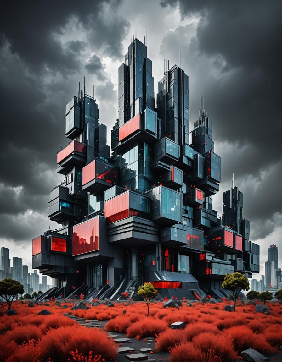 Pixelated Neofuturistic Architecture in Surreal Landscape