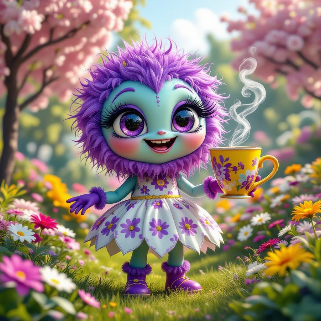 Fuzzy Alien in Flower Garden, 8K 3D Render