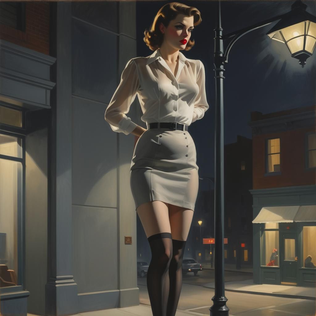 Femme Fatale in Noir Style Under Streetlight