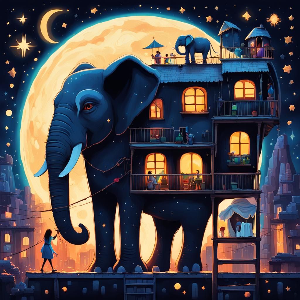 Elephant Carrying Slums at Night with Neon Lights
