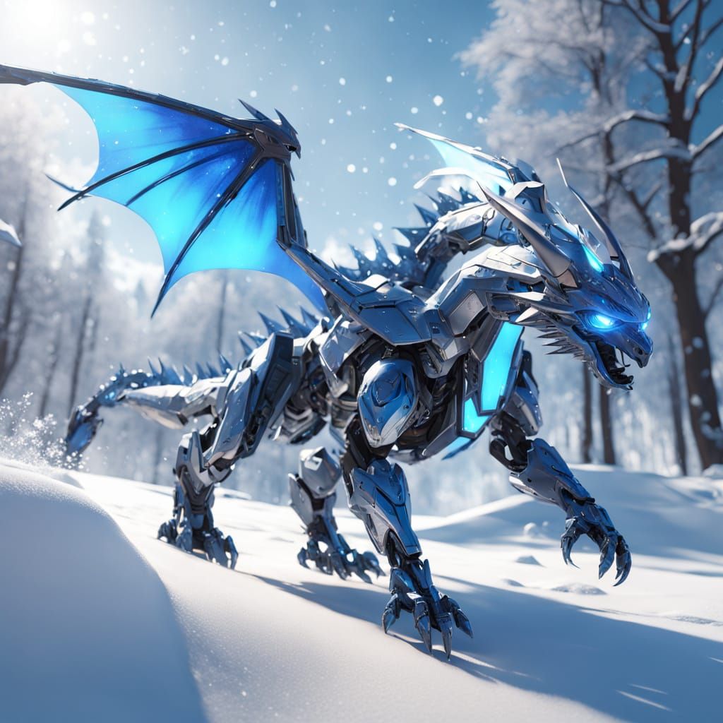 Sleek Robotic Dragon Soars Through Snowy Winterscape in Cybe...