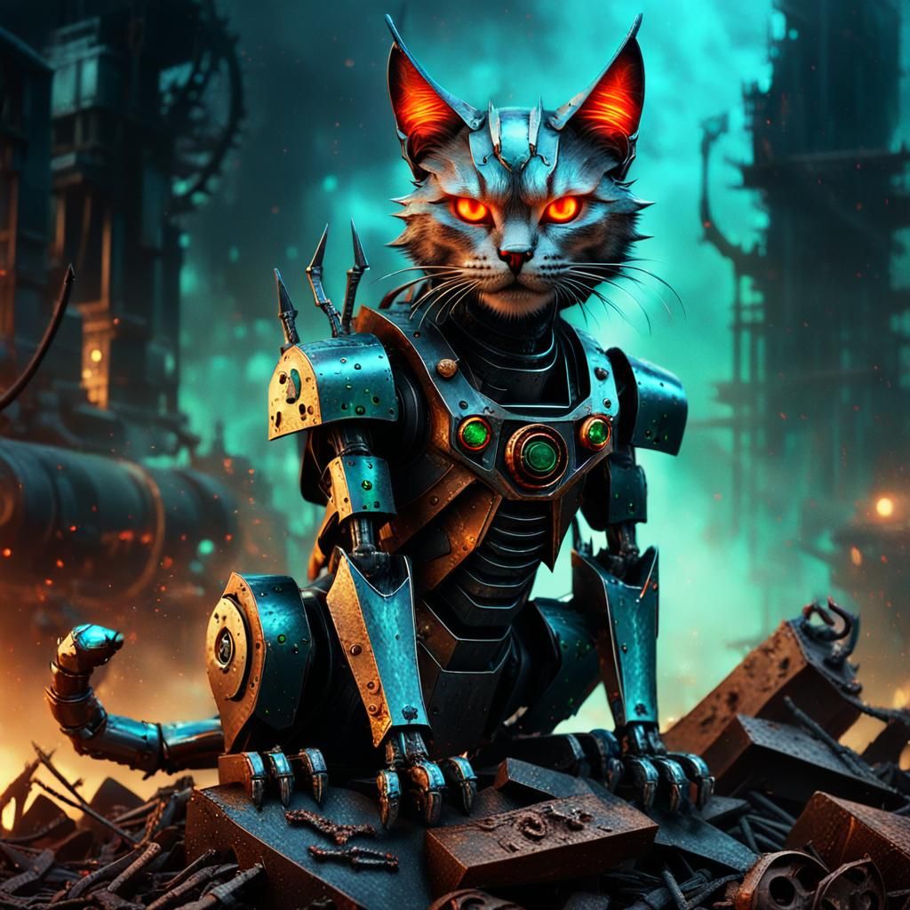 Robot Cat with Devil Horns in Dark Fantasy Illustration Styl...