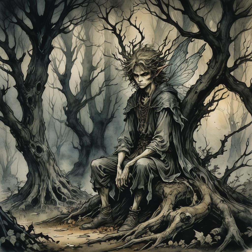 Angry Fairy in Haunted Forest: Arthur Rackham Style