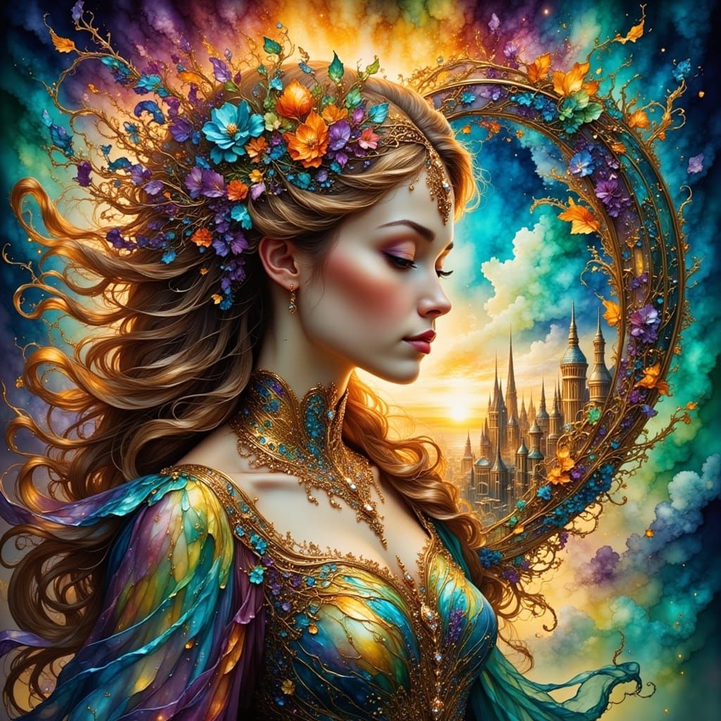 Woman with City in Her Heart: Hyperrealistic Splash Art