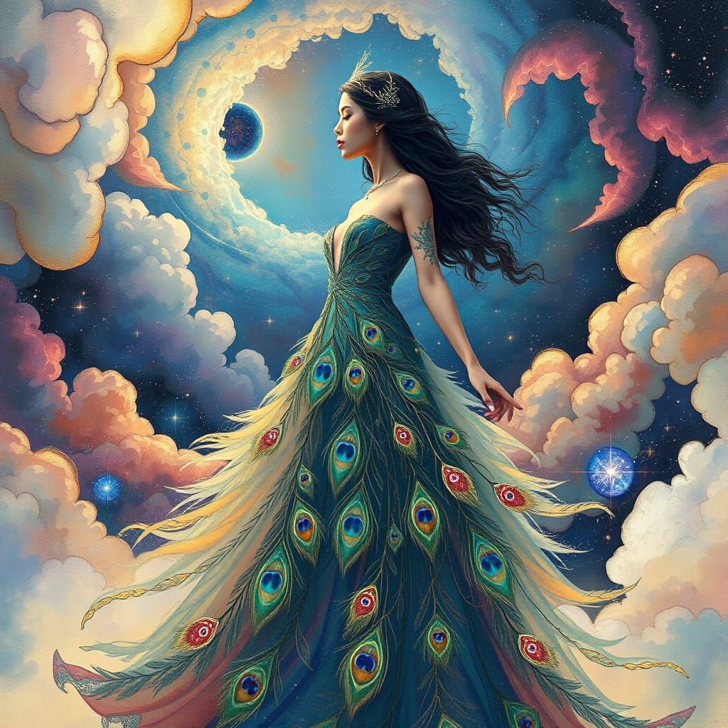 Woman in Cosmic Gown with Peacock Feathers, Watercolor Art