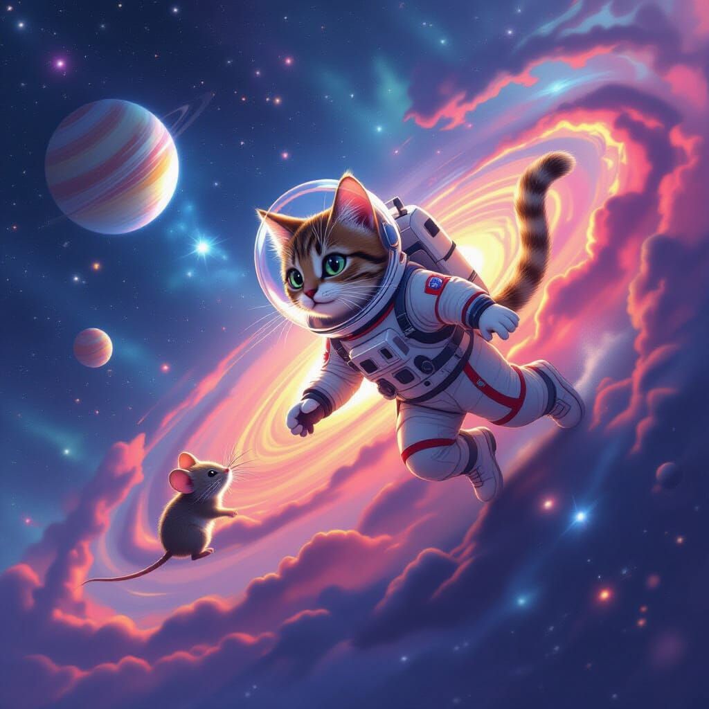 Cosmic Cat Chases Mouse Through Vibrant Galaxy