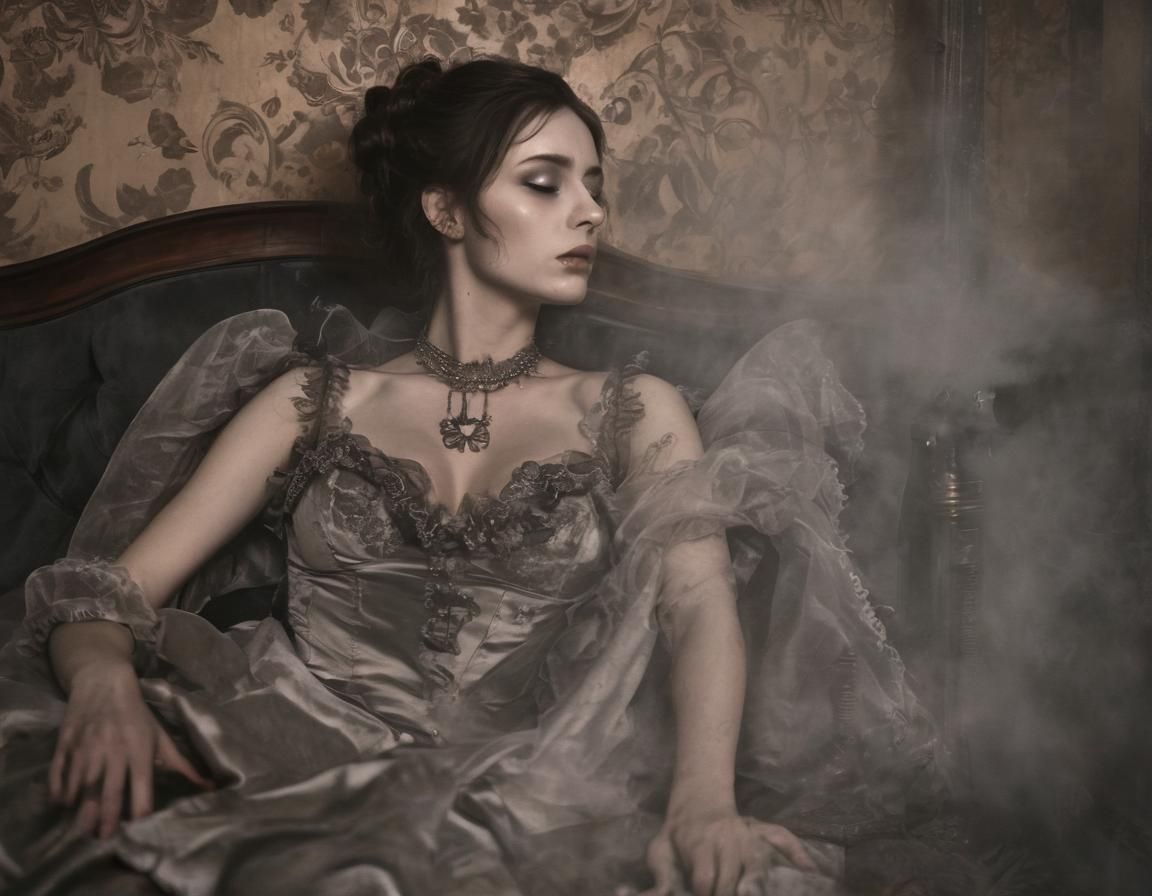Steampunk Horror: Eerie Chaise Longue Scene in Dark Velvet