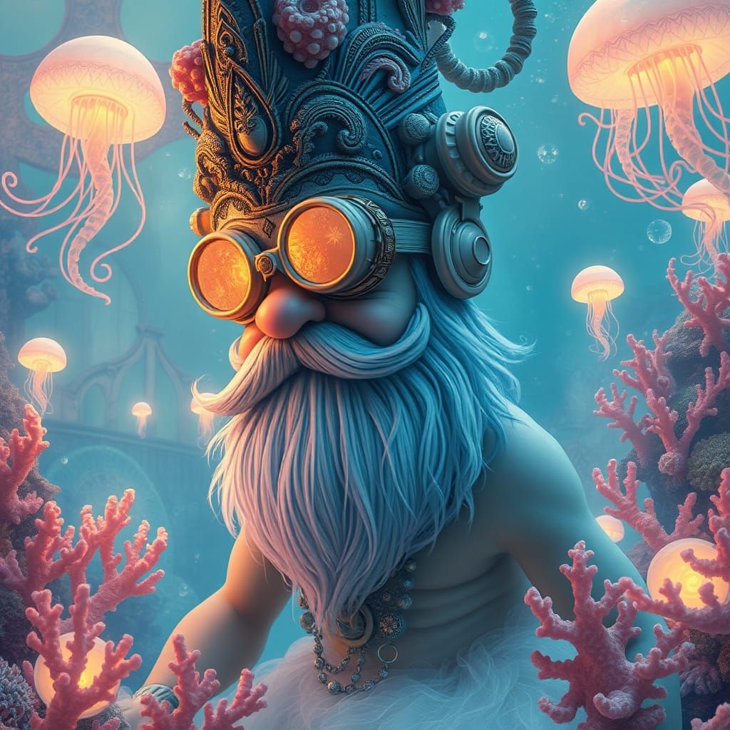 Steampunk Mermaid Gnome in Ethereal Underwater Palace