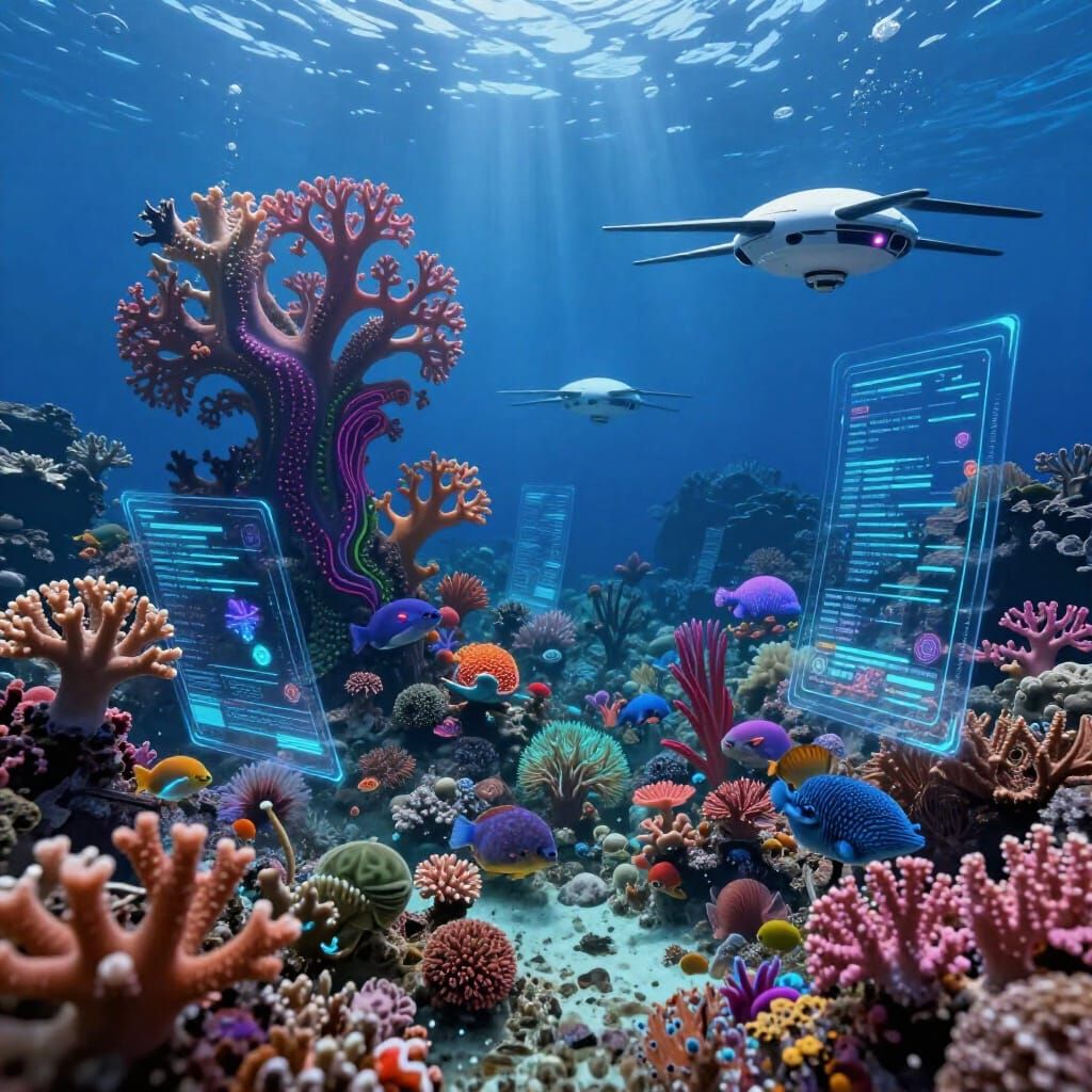 Bio-Luminescent Reef with Drones in Deep Blue