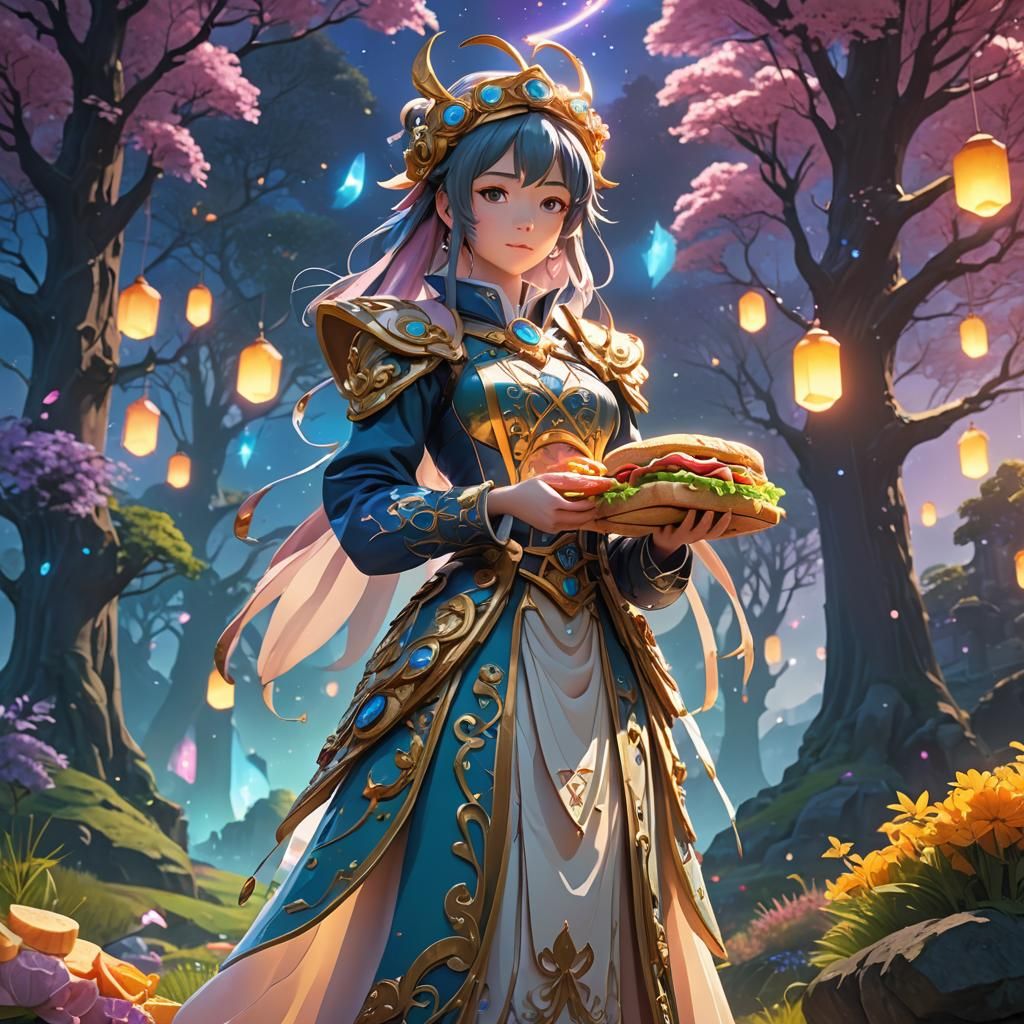 Anime Mother Figure in Mystical Landscape