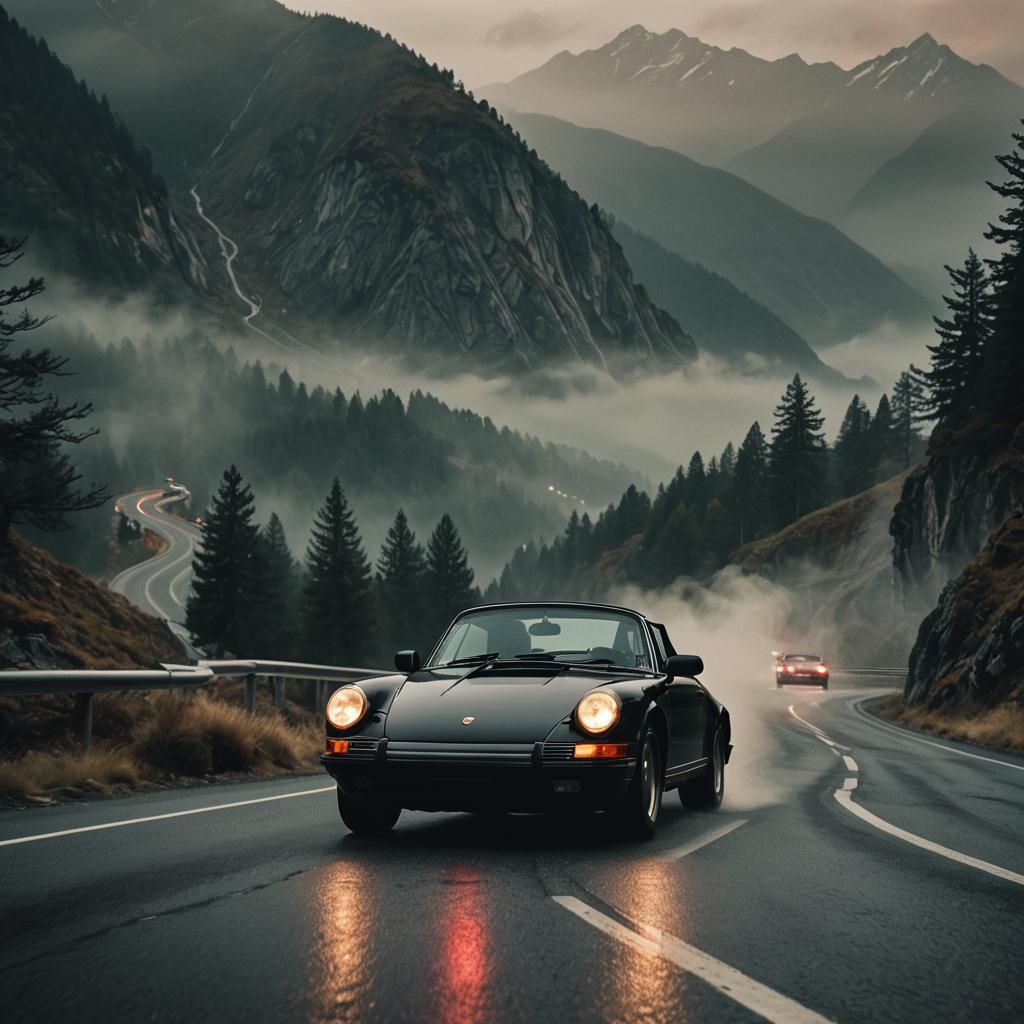 Porsche Carrera at Night in a Dramatic Mountain Landscape