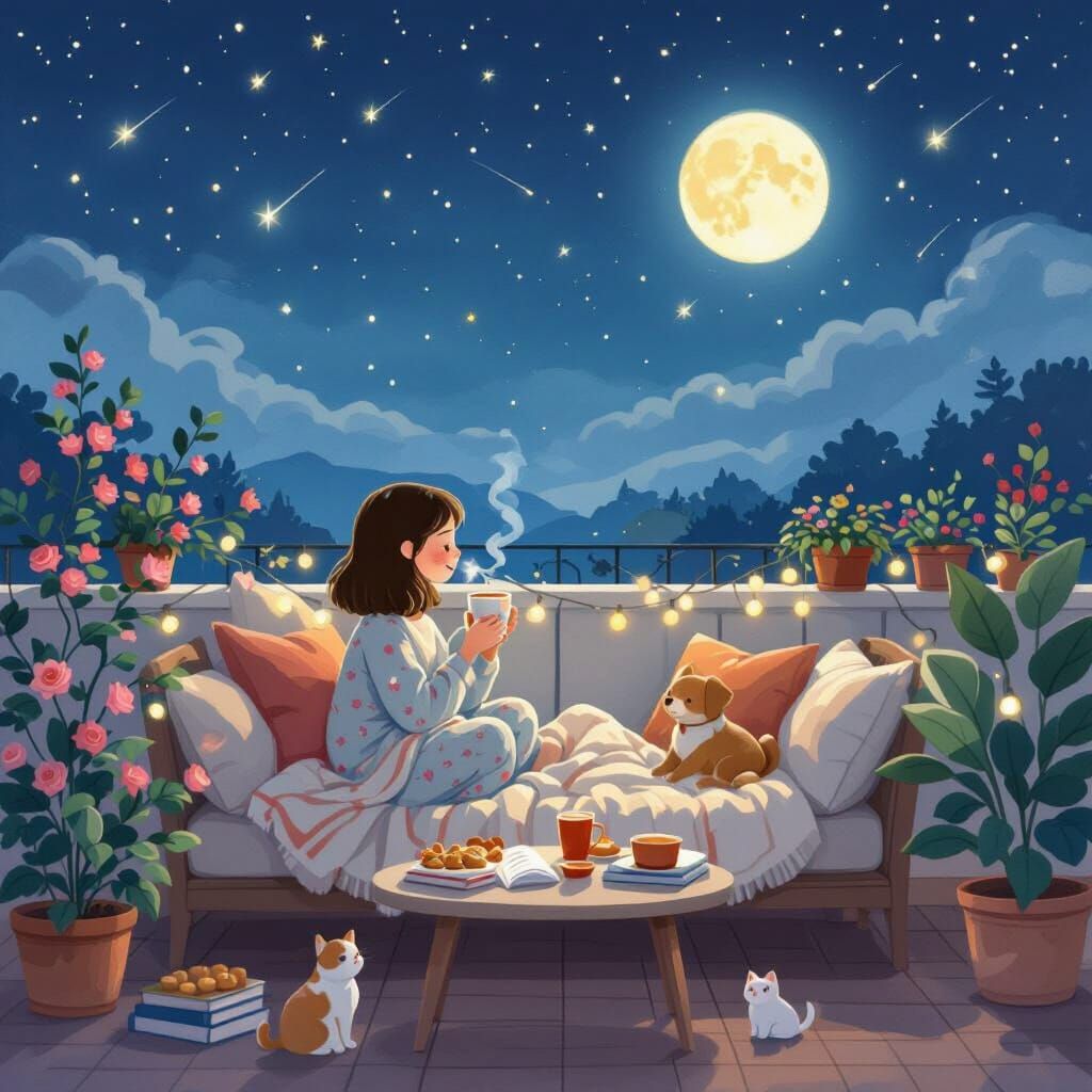 Cozy Rooftop Scene in Watercolor Style