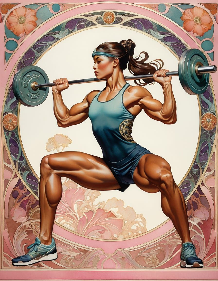 Elegant Art Nouveau Watercolor of a Strong Woman in Motion